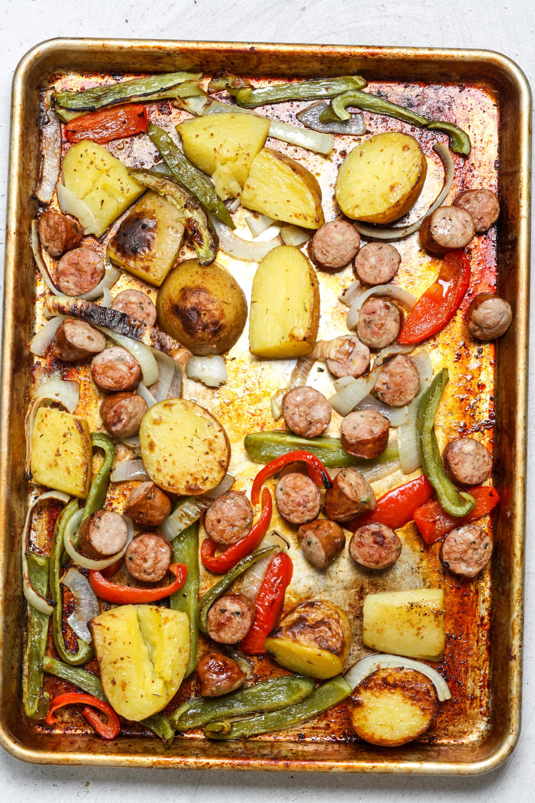 Roasted baking pan with meat.