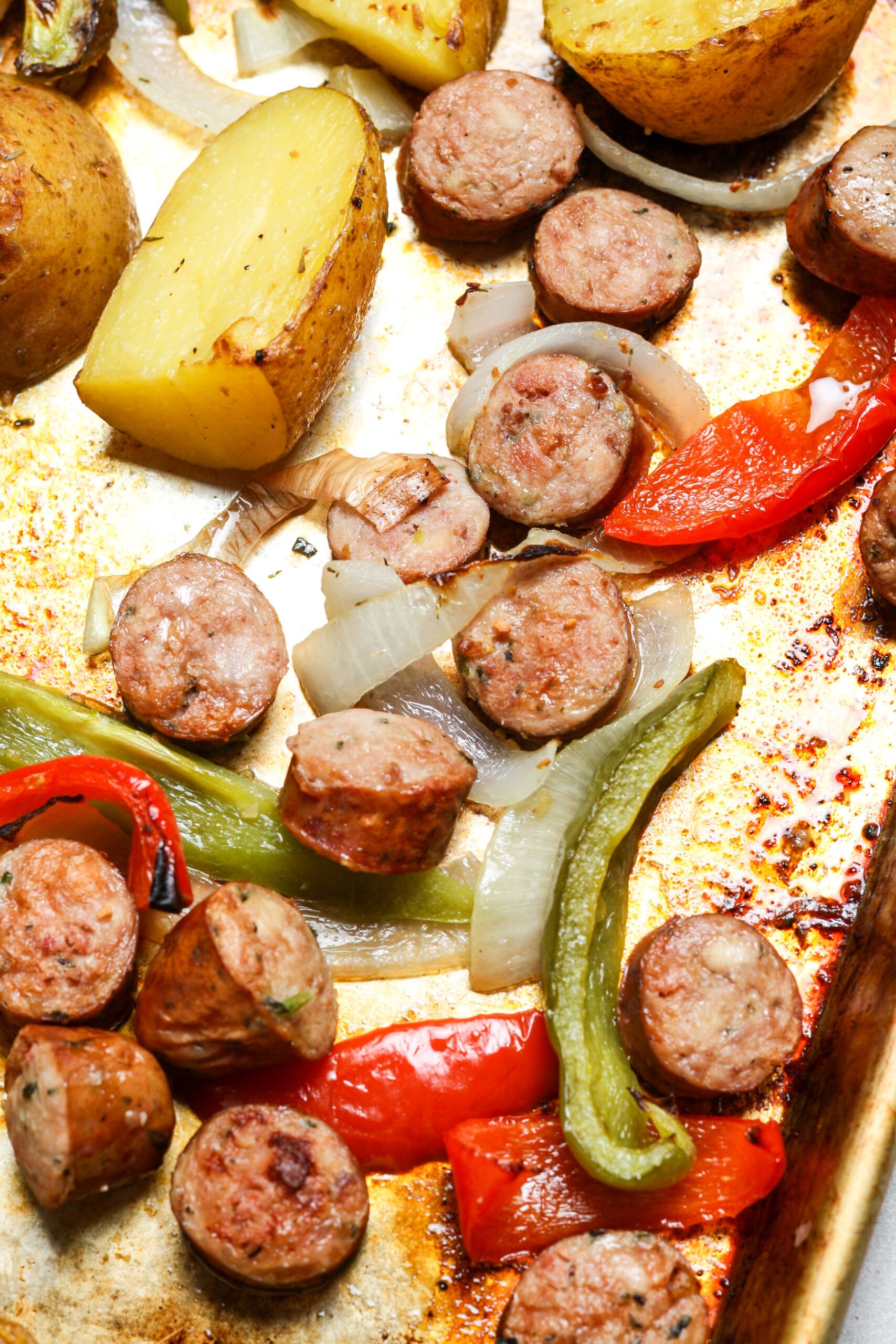 Sausage on baking pan.