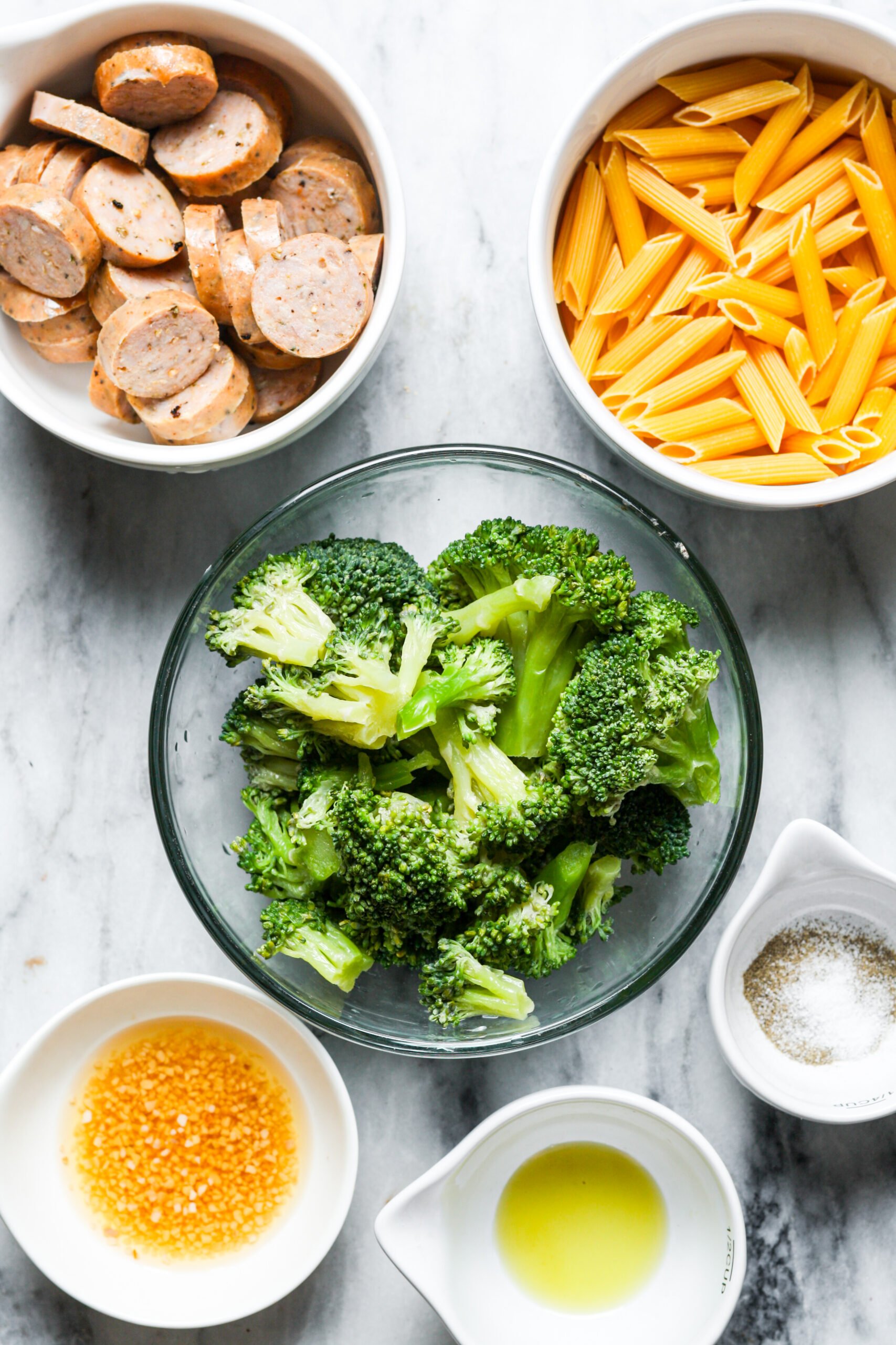 Ingredients for sausage broccoli pasta.