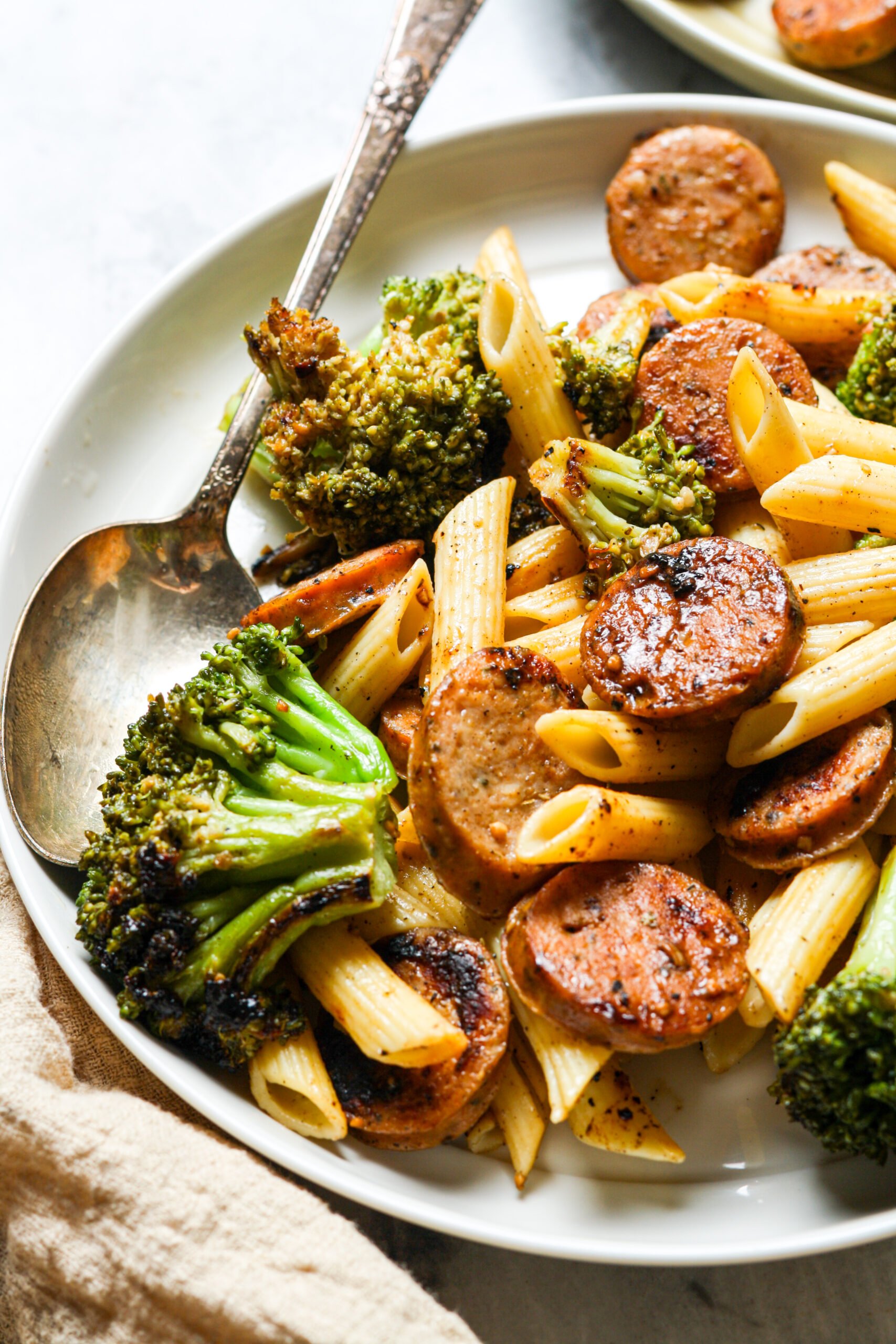 Close up of sausage broccoli pasta.