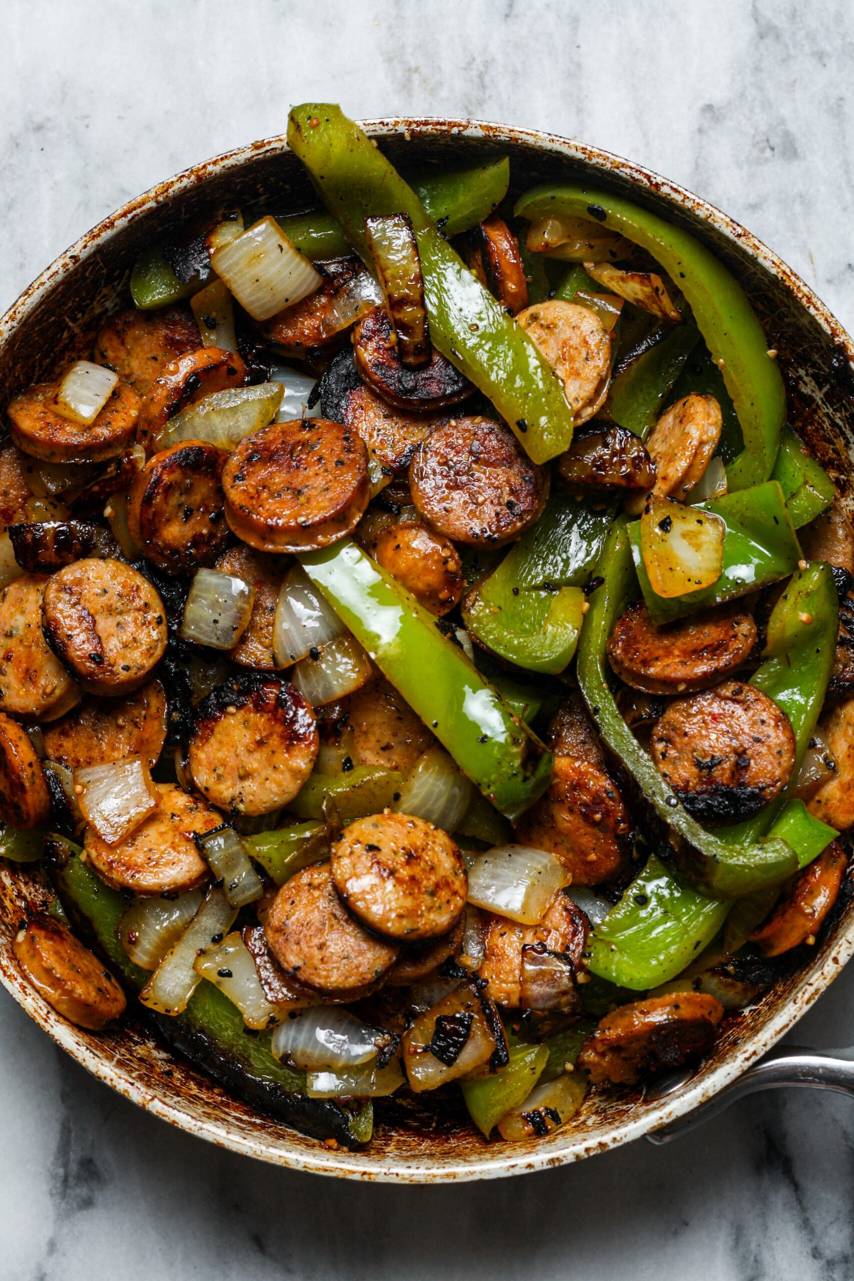 Big skillet with meat.