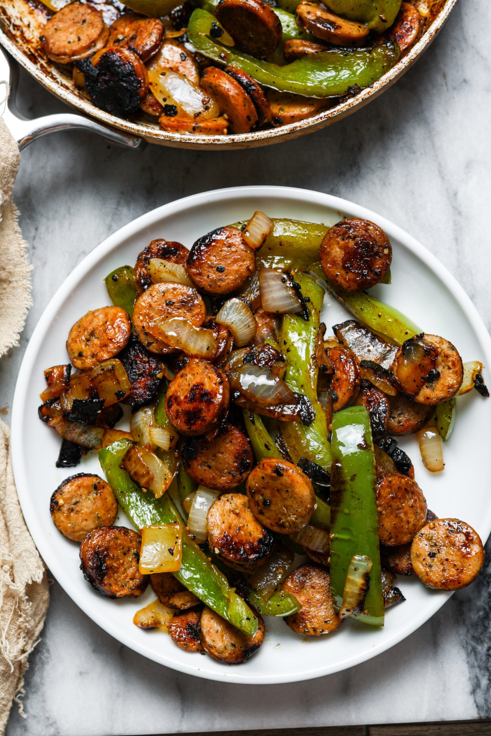 Plate of chicken sausage stir fry.