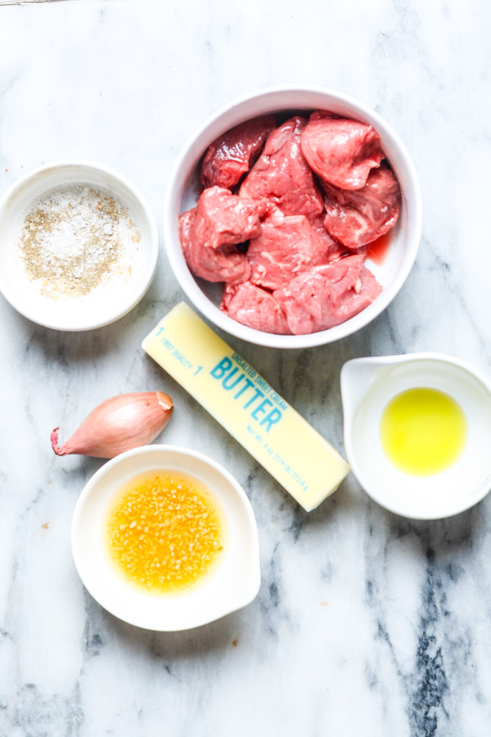 Ingredients for garlic butter steak bites.