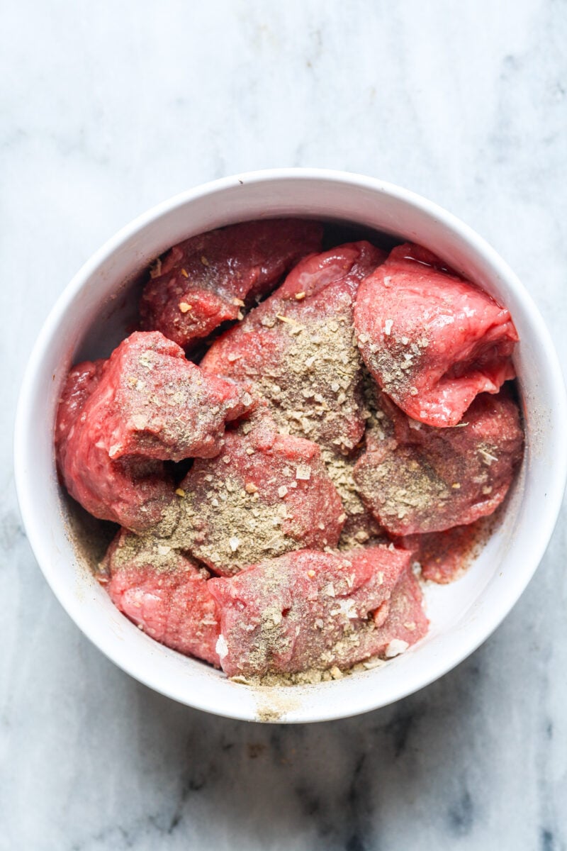 Seasoning on meat.