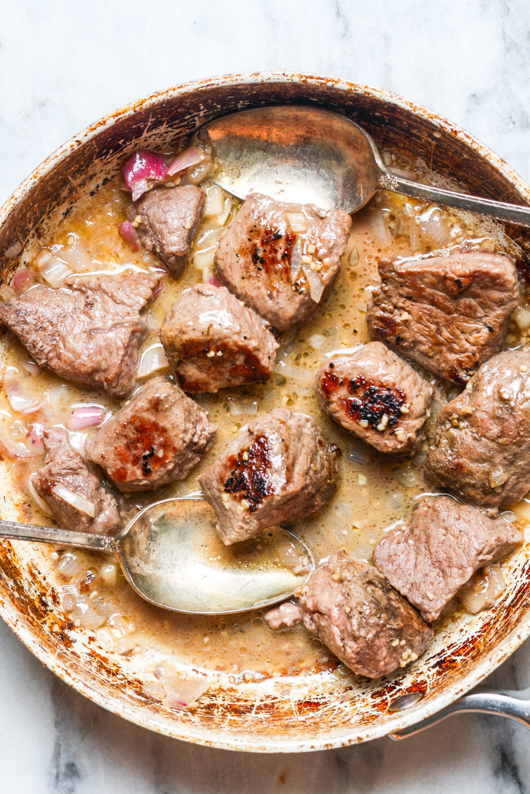 Seared bites of steak.