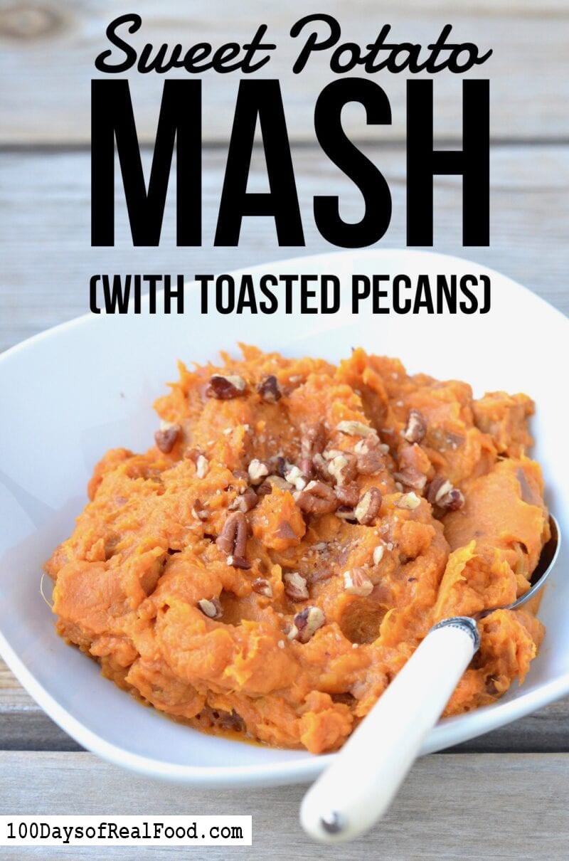 Mashed sweet potatoes with toasted pecans in a bowl